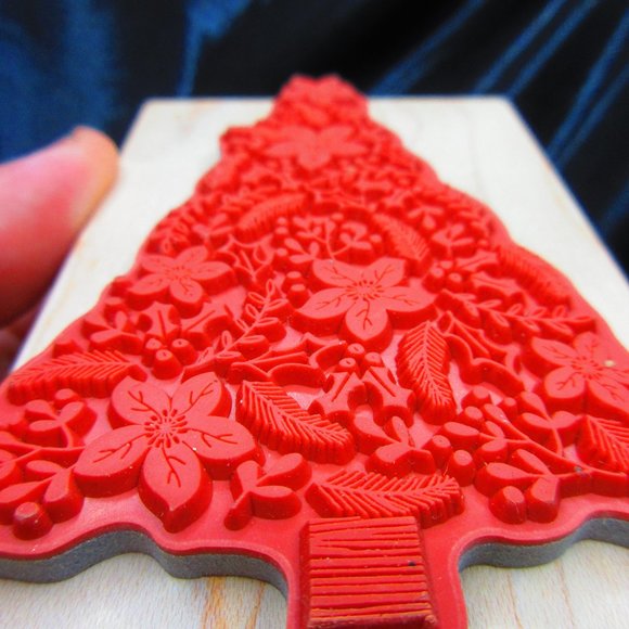 Floral Christmas Tree Wood Mounted Stamp 4" X 2.75" - Picture 3 of 3
